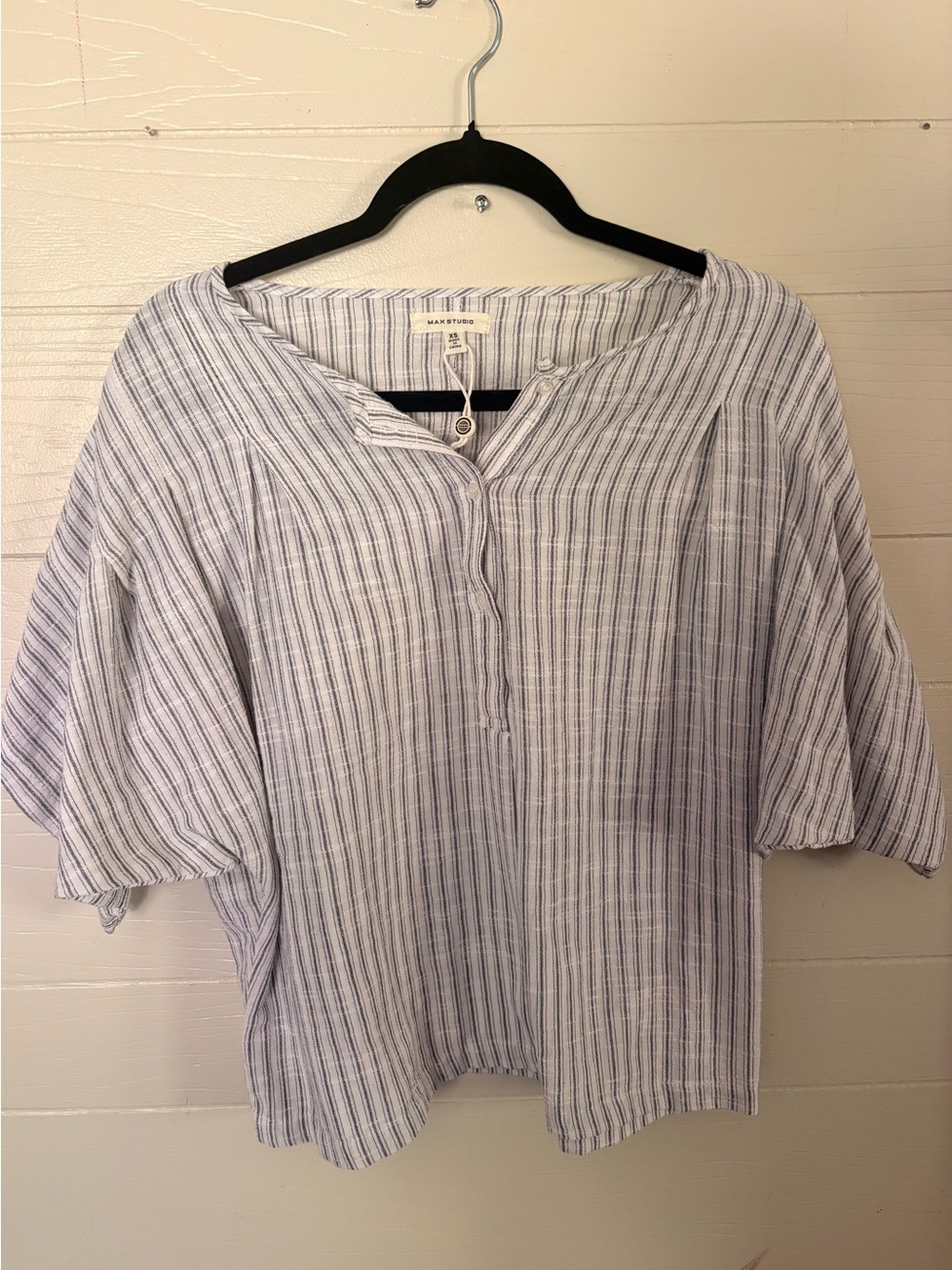 Max Studio White & Ticking Blue Striped Relaxed Natural Weave Henley Blouse XS S